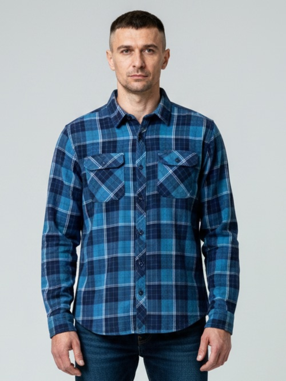 Men's Blue Plaid Long-Sleeve Button-Down Shirt
